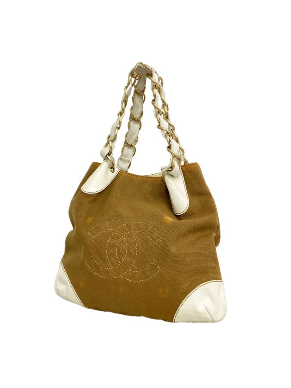 Chanel Chain Tote Canvas Beige White Gold